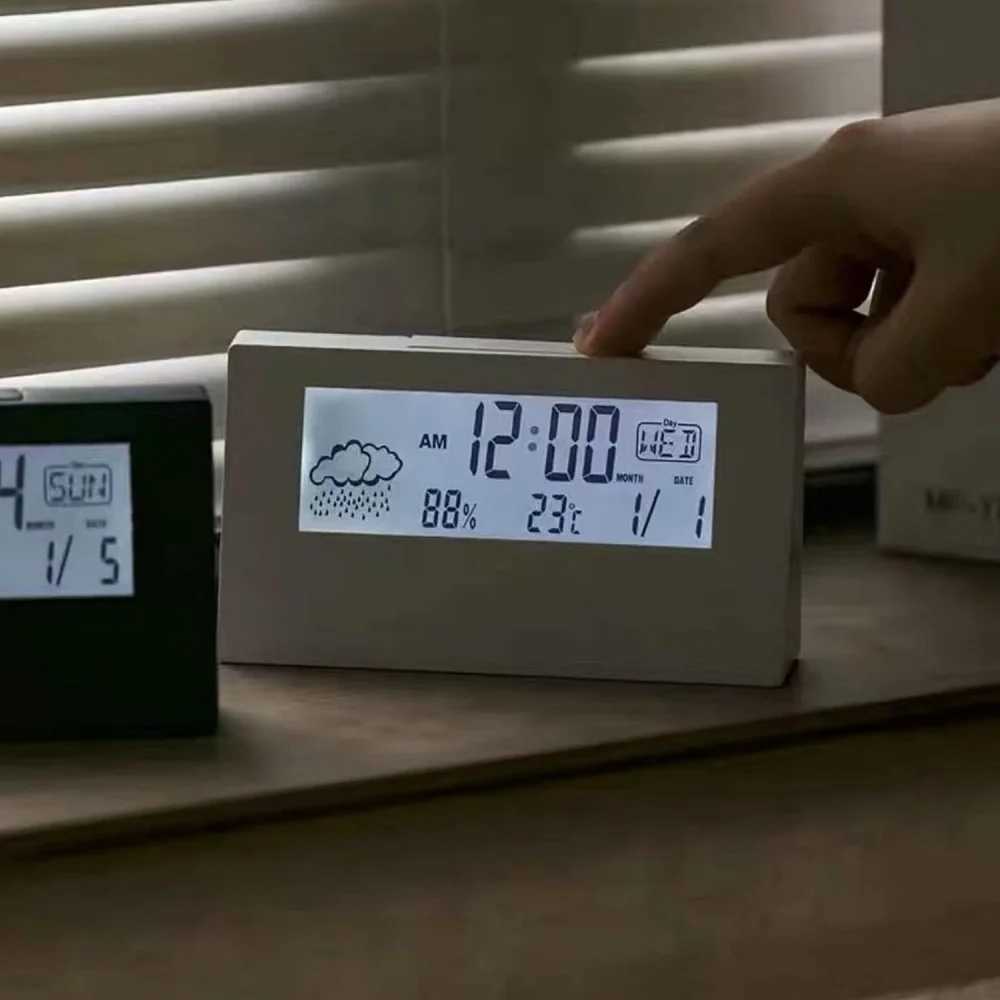 LCD Digital Alarm Clock Smart Night Light Alarm Clock Time Date Temp Humidity Display Bedside Battery Operated Desktop Clock D260318