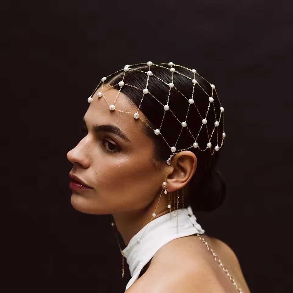 Elegant Imitation Pearl Mesh Headpiece Hat Wedding Hair Decoration Handmade Boho Metal Head Chain Cap Prom Jewelry Adjustable Lg1088 Youmaidress