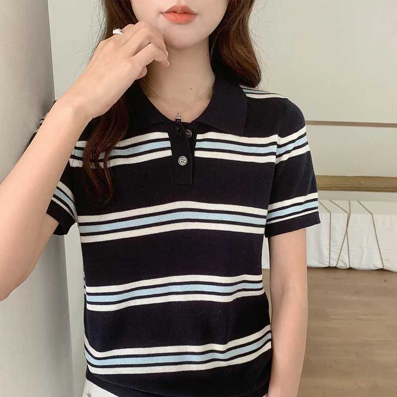 Polo collar knitted shirt short sleeved womens summer front shoulder loose slimming T-shirt Korean casual versatile topT260317