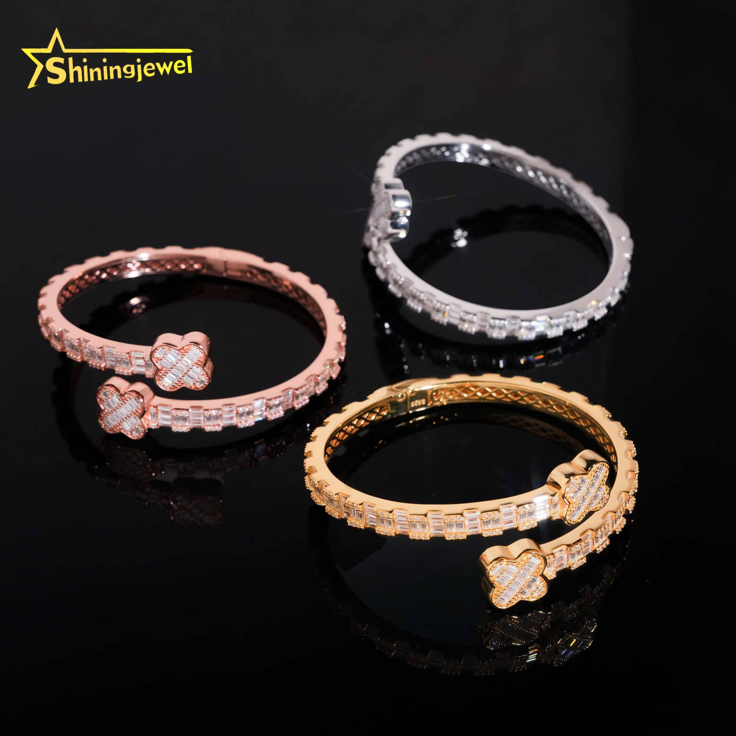 Fast Shipping Fine Jewelry Trendy S925 Silver Gold Plated Hip Hop 4 Clover VVS Baguette Moissanite Diamond Bangle Bracelet