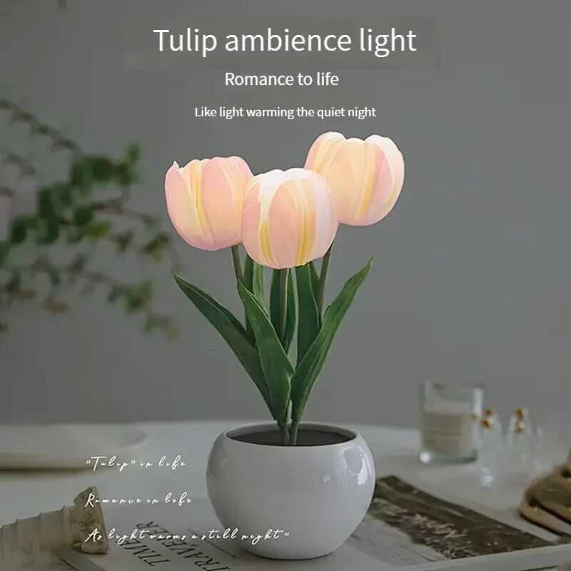 3Tulips Table Lamp LED Simulation Flower Bedside Lamp Bouquet Bedroom Bedside Romantic Atmosphere Birthday Gift Home Decoration H260318