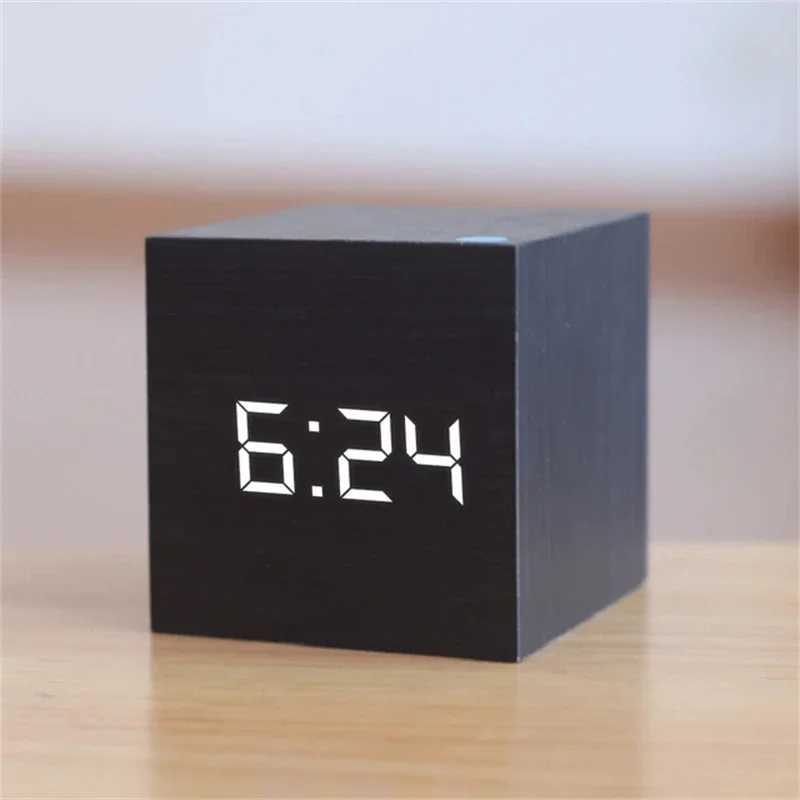 Digital LED Alarm Clock Square Wooden Retro Luminous Clock Desktop Decoration Voice Control Function Desktop Clock D260318