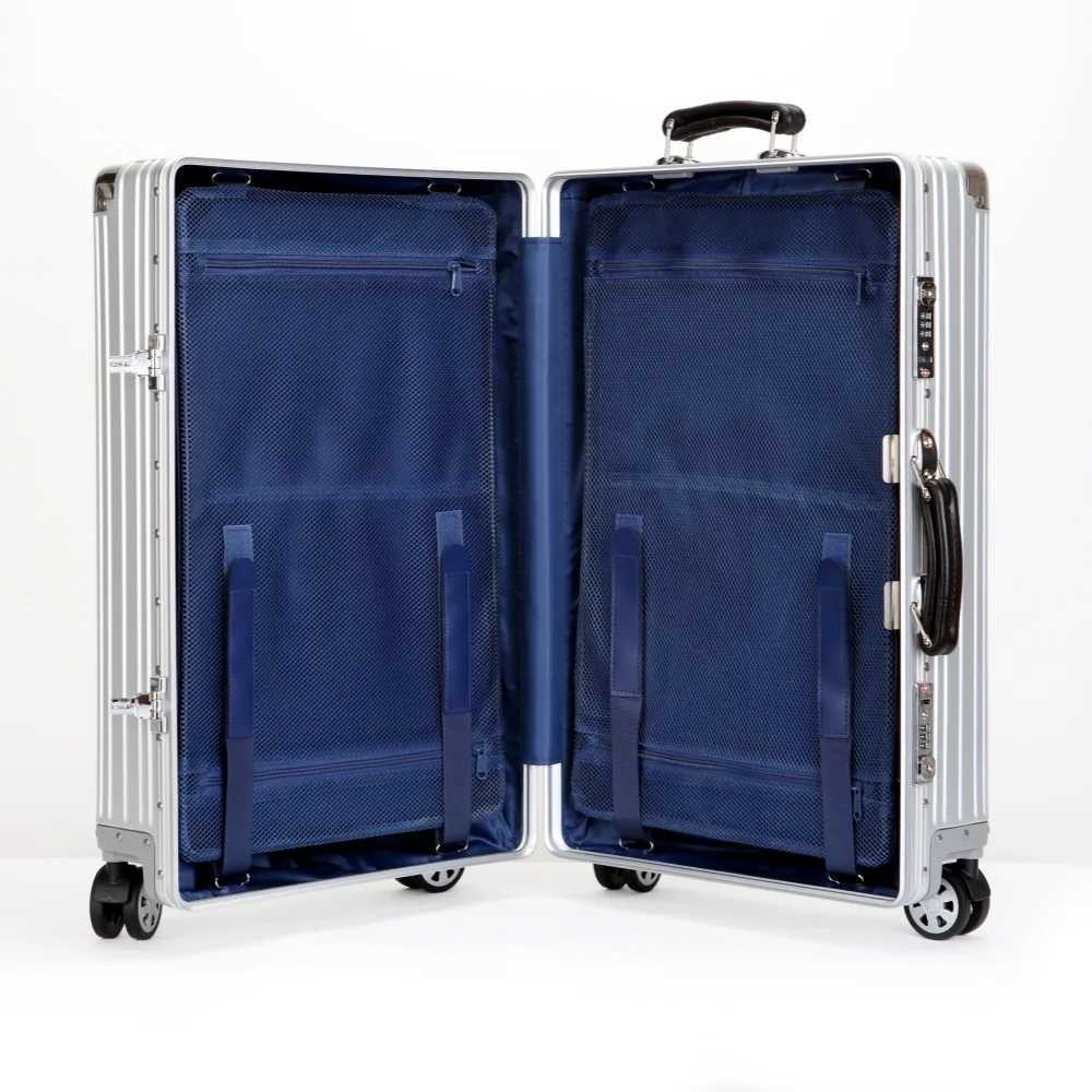 Top Quality Aluminum-Magnesium Alloy Vintage Suitcase 20/24/26/29 Inch Lightweight Travel Trolley Luggage With Leather Handle H260316