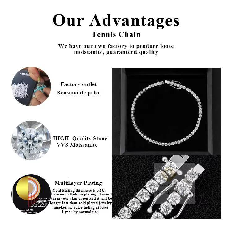 Iced Out Hip Hop Tennis Chain Jewelry Wholesale 2MM 3MM 4MM 5MM 65MM D-Vvs Moissanite Diamond Moissanite Necklace