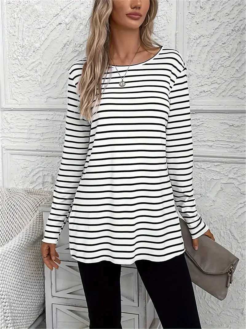 Stripe print crew neck t-shirt casual long sleeve slit t-shirt spring and autumn womens wearT260317