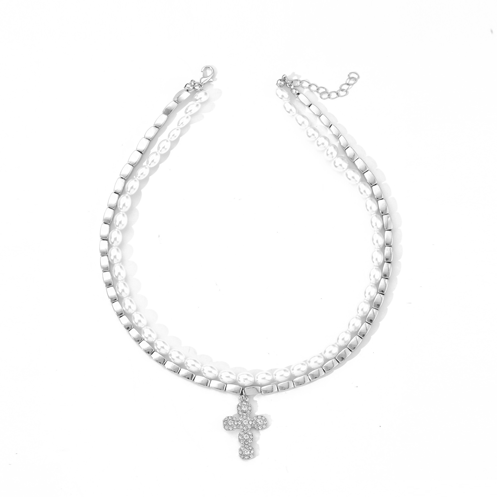Baroque Imitation Pearl Necklace for Women, Niche Light Luxury High-End Sense, Inlaid Diamond Cross Pendant Clavicle Chain