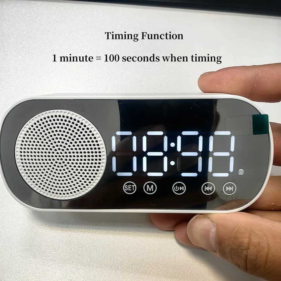 Mini Mirror Digital Alarm Clock Timer Rechargable Wireless Clock 2 Alarms FM Radio Wireless Speaker Subwoofer Desktop LED Clock D260318