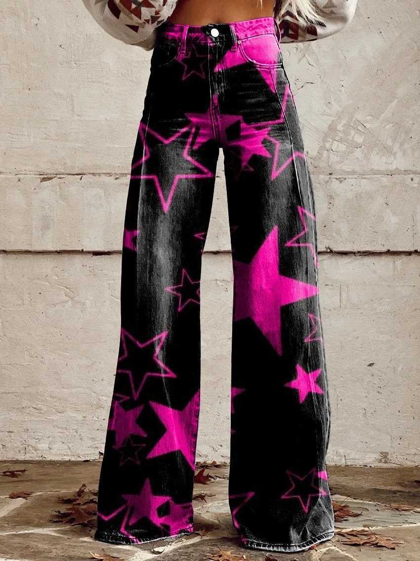 Ladies Fashion Streetwear Printed Denim Jeans Trendy Casual High Waist Straight Leg Blue JeansT260317