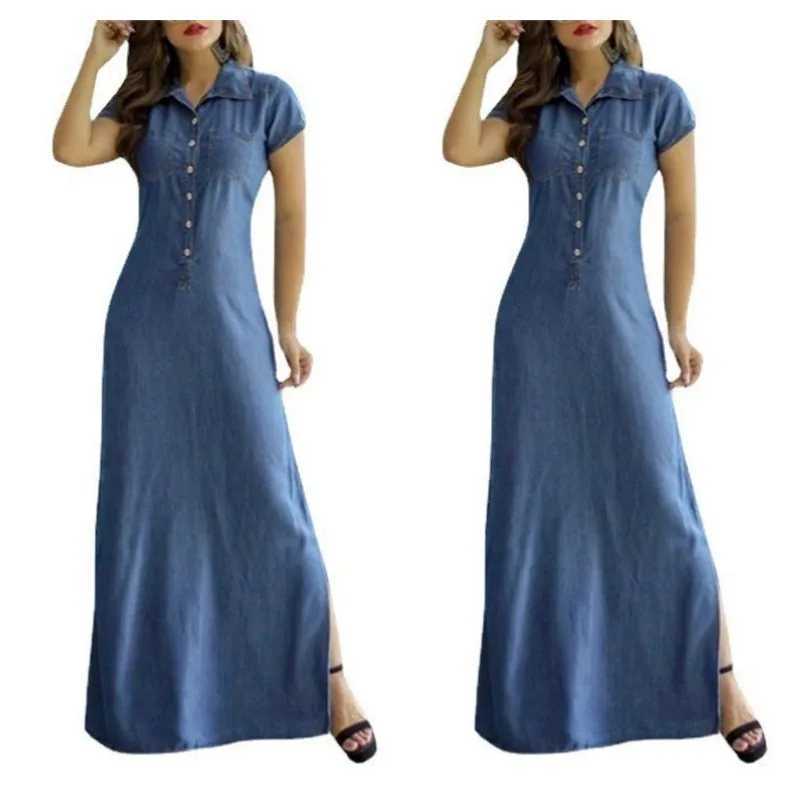 Europe And America Cross Border New Long Dress Shirt Collar Split Pocket Large Swing Dress Large Casual Denim DressXJ260318