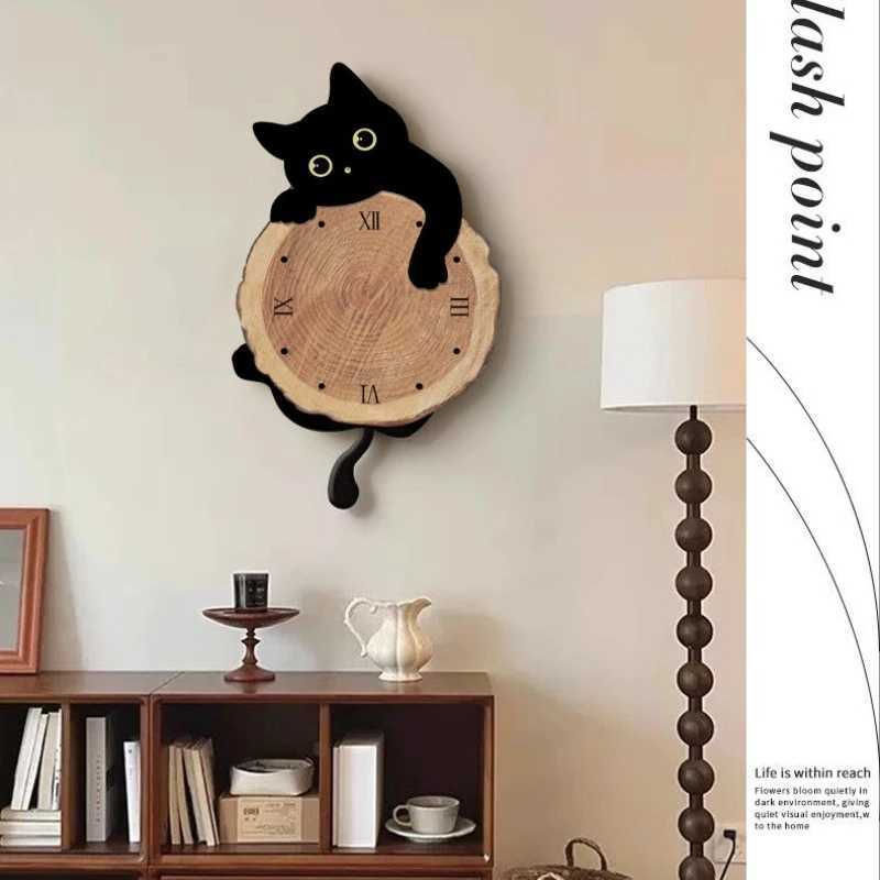 Cartoon Cat Wall Clock Creative Cat Tail Swing Wall Clock Quartz Mute Wall Clock Home Decoration Living Room Bedroom Decoration D260318