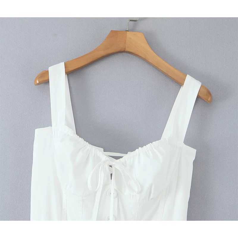 YENKYE Sexy Lace Up Bandage Back Elegant White Sling Dress Women Front Button A-line Cotton Corset Style Summer Dress Midi Robe L260305 - view 5