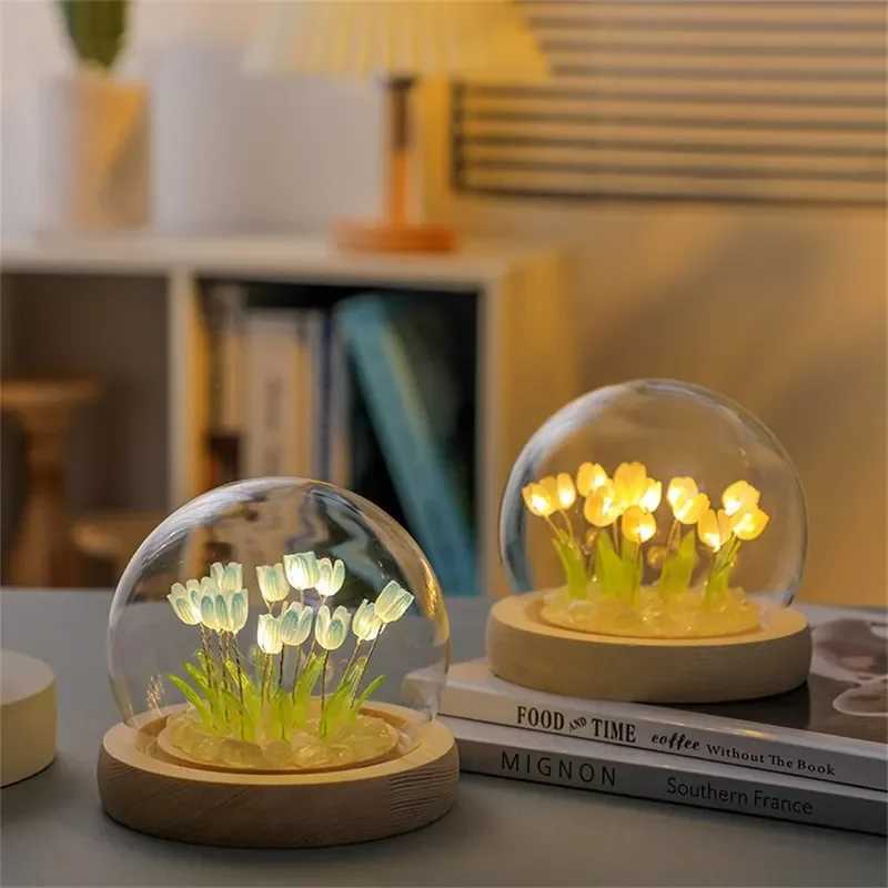 Artificial Tulip Flower Night Light Handmade DIY Bedside Lamp LED Night Lamp Bedroom Decor Christmas Birthday Gifts Table Lamp H260318