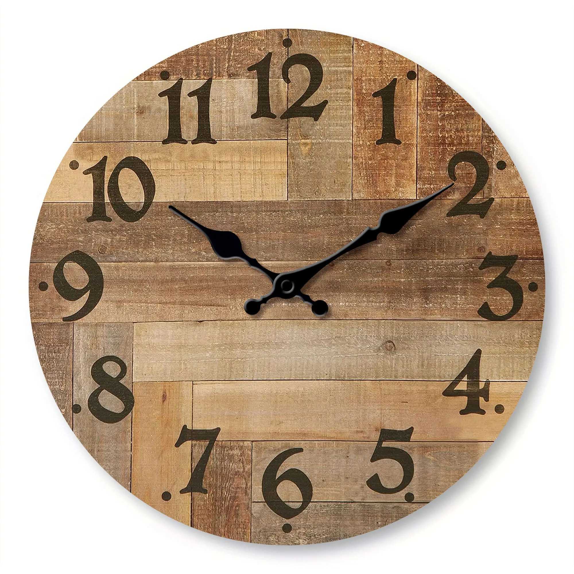 1pc Wooden veneer wall clock Vintage style Brown wood texture design wall clock round silent clock suitable for living room b D260318