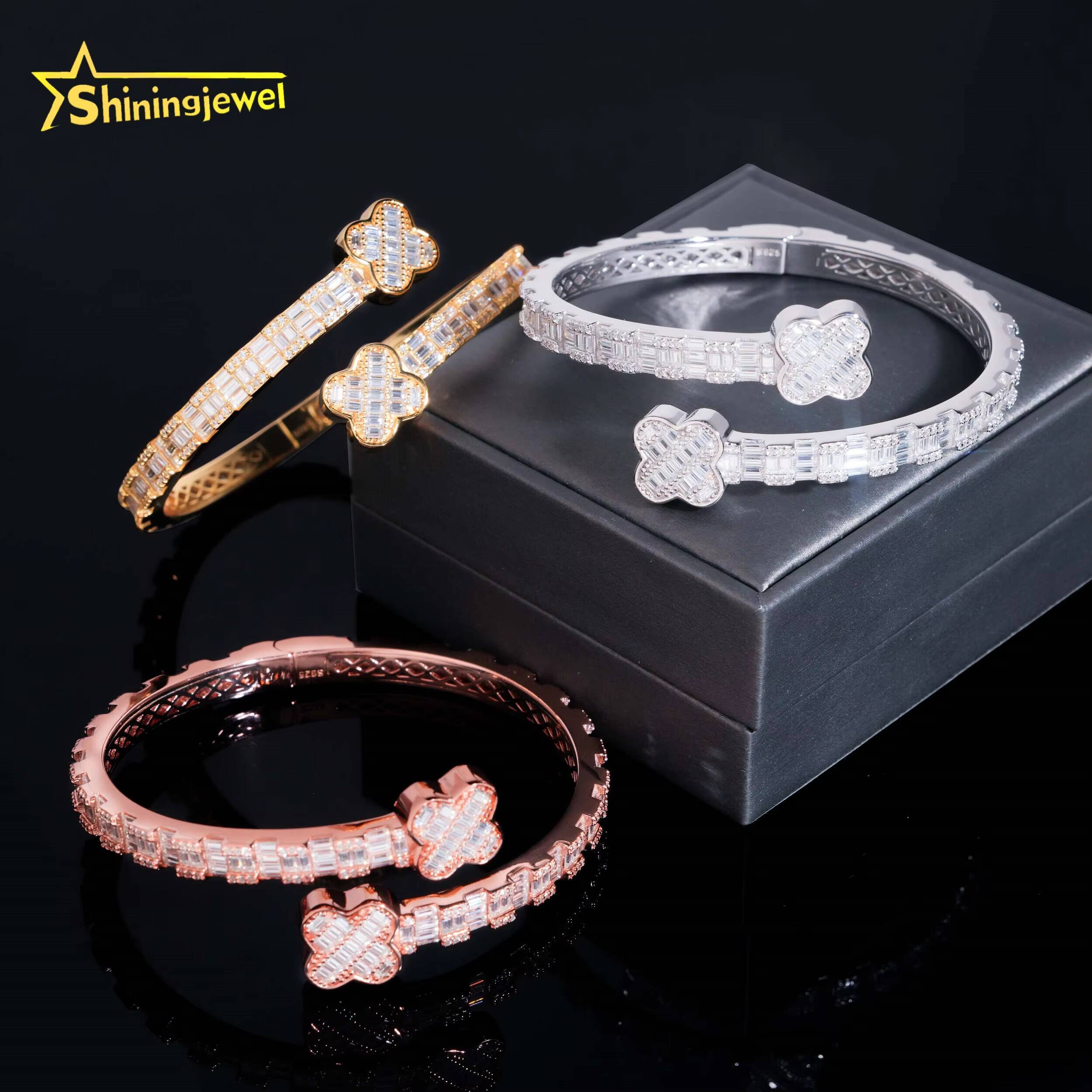 Fast Shipping Fine Jewelry Trendy S925 Silver Gold Plated Hip Hop 4 Clover VVS Baguette Moissanite Diamond Bangle Bracelet