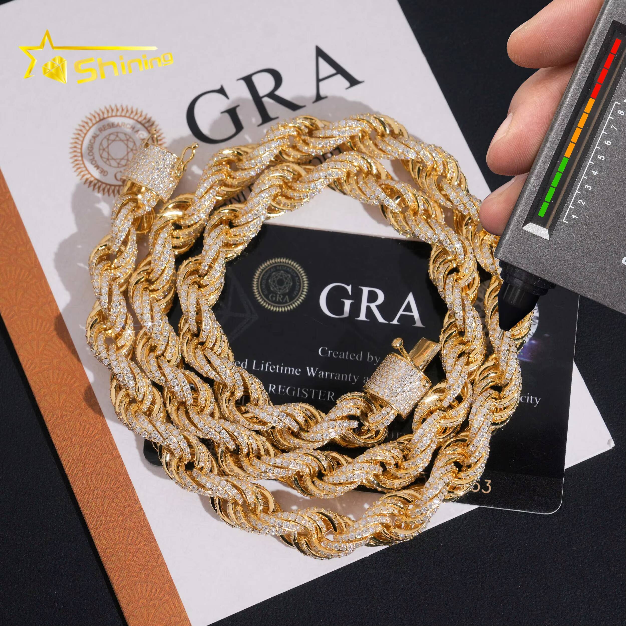 Pass Diamond Tester 10MM Hip Hop Necklace 925 Sterling Silver Luxury Iced Out VVS Moissanite Diamond Rope Chain Rapper Chain