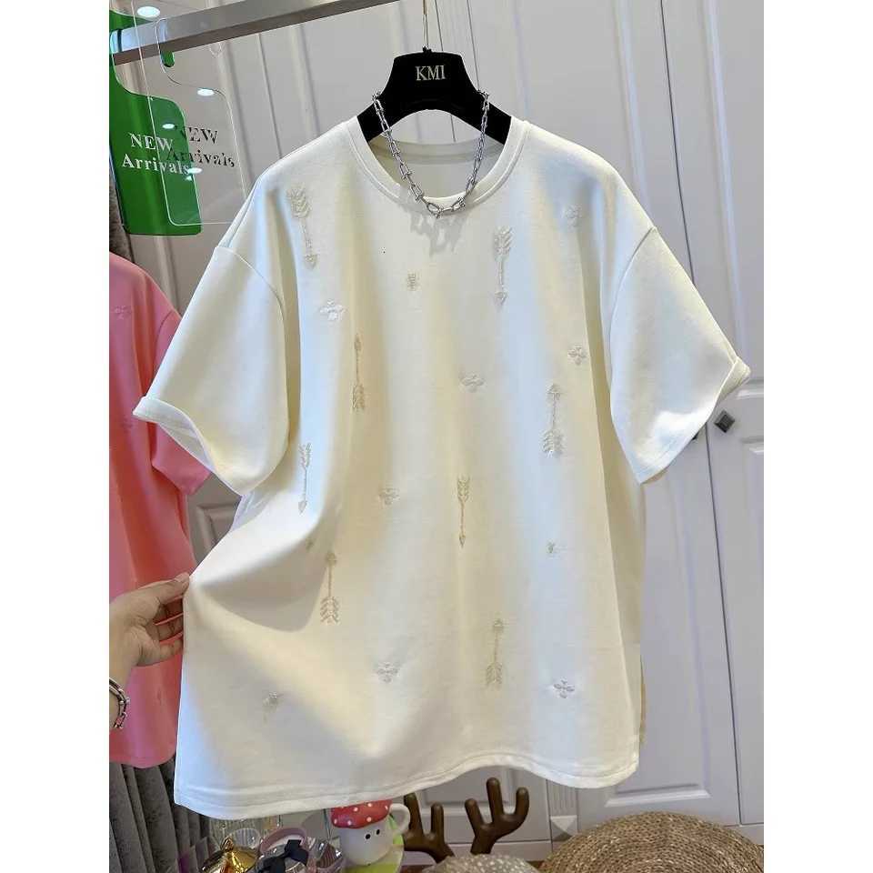 2026 Spring and Summer New Style Pure Cotton Loose Beaded Short-sleeved Fashionable T-shirt Female TopT260317