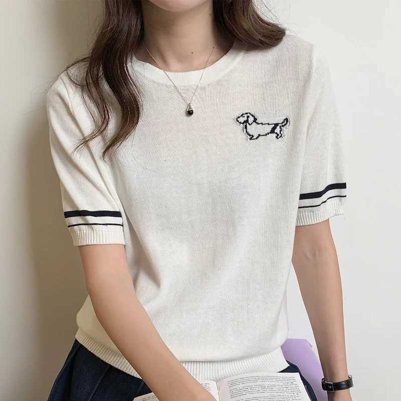 Womens T-Shirt Summer 100 Cotton Sweater Short Sleeve Knit Round Neck Ladies Top Loose Fashion Embroidery Tees Blouse PulloverT260317