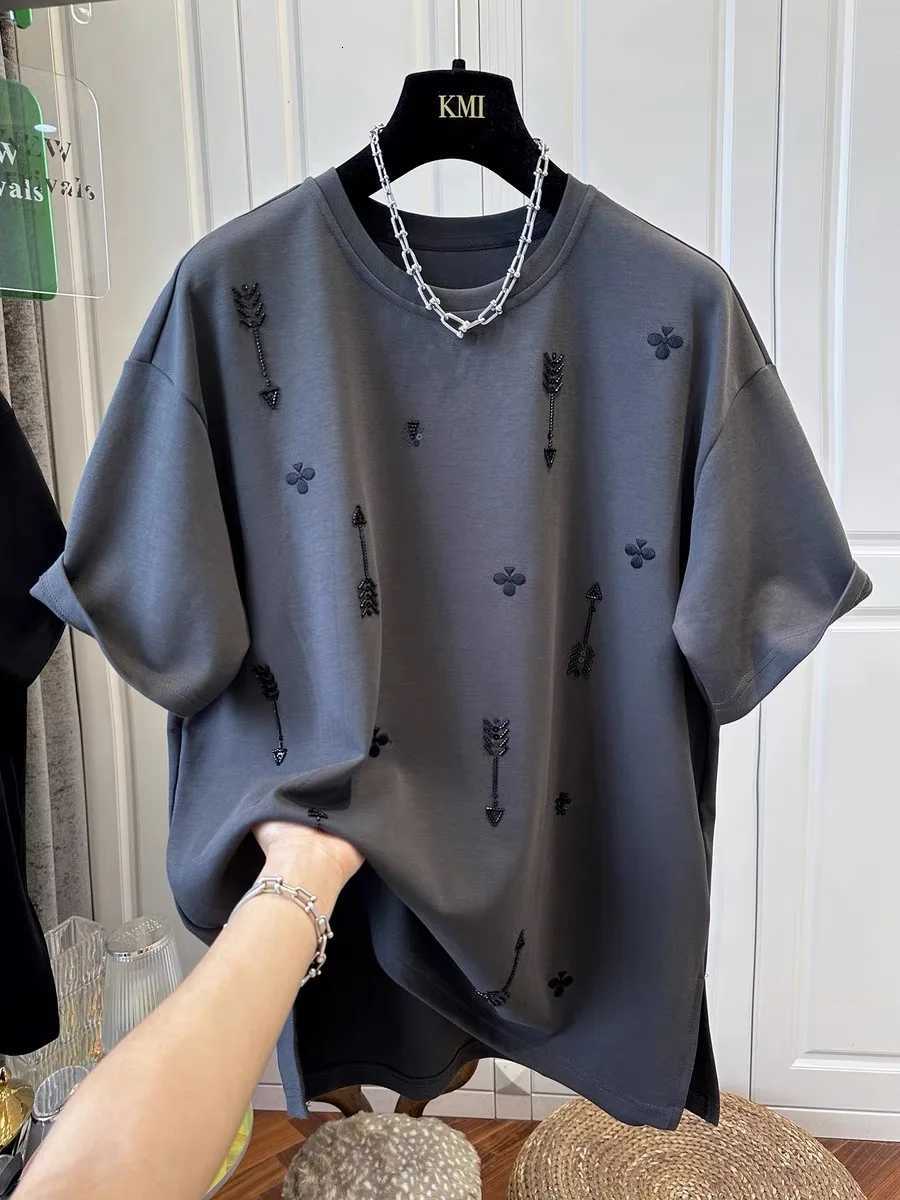 2026 Spring and Summer New Style Pure Cotton Loose Beaded Short-sleeved Fashionable T-shirt Female TopT260317
