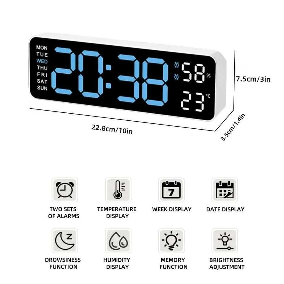 LED Digital WallDesk Alarm Clock 12/24h/3 levels Dimming/Date/Day of Week/Temp DisplayBattery or USB Powered for HomeOffice D260318