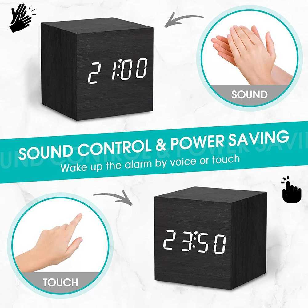 Wooden Digital Alarm Clock with Temperature LED Bedside Clock USB/Battery Powered LED Clock Art Ornament for Office Room Decor D260318