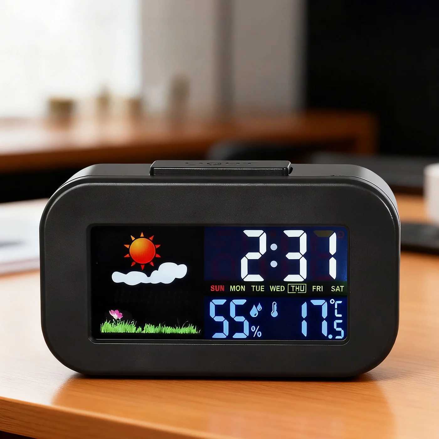 Weather Forecast Mini Digital Alarm Clock with Backlight Temperature Humidity Home Indoor Silent Electronic LED Clock D260318