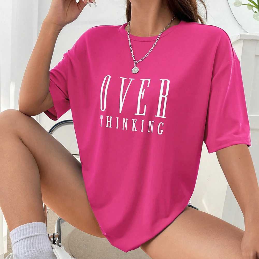 Over Thinking Letter Print Women Cotton Short Sleeve Breathable Vintage O-Neck Tops All-math Casual T-Shirts Female Tee ClothingT260317