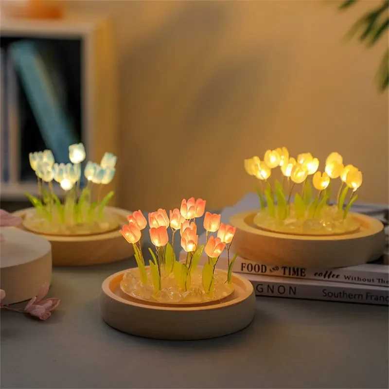 Artificial Tulip Flower Night Light Handmade DIY Bedside Lamp LED Night Lamp Bedroom Decor Christmas Birthday Gifts Table Lamp H260318