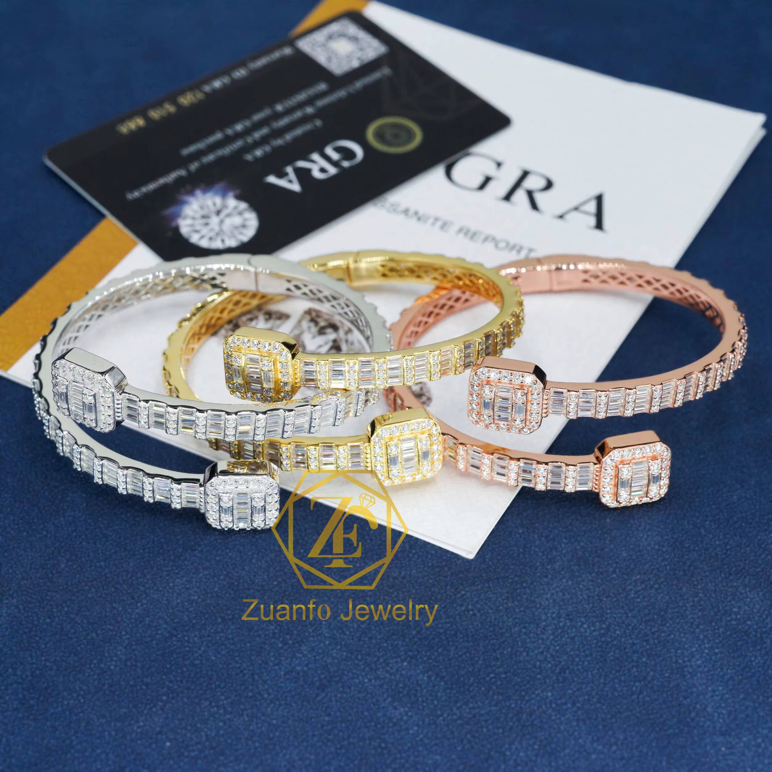 Fine Jewelry Sterling Silver 925 Fashion Iced Out VVS Baguette Moissanite Cuban Link Diamond Bracelet Bangles