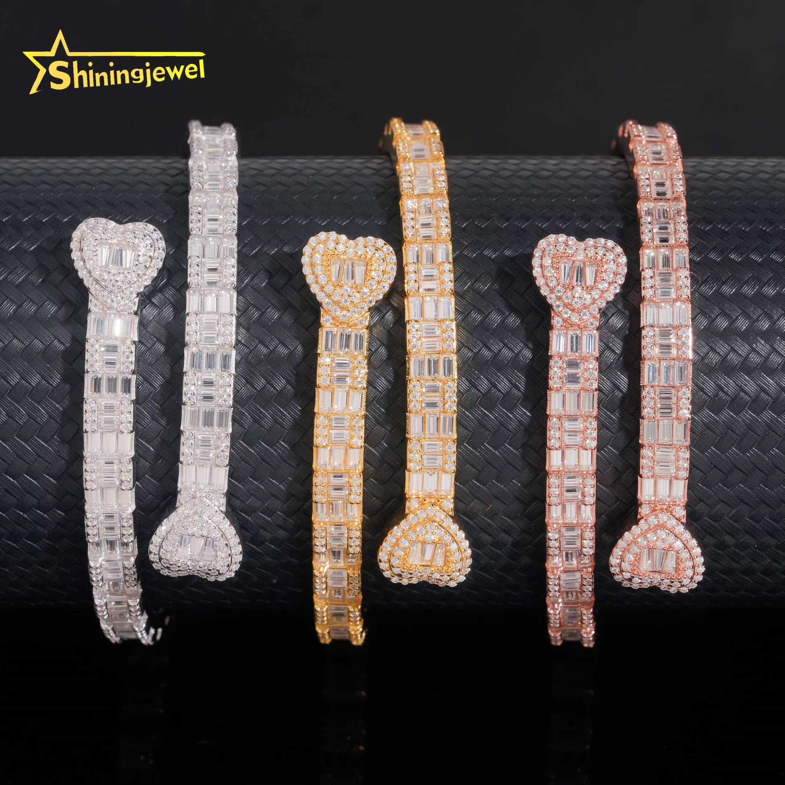 Solid 925 Silver Gold Plated VVS Baguette Moissanite Diamond Heart Bangle Bracelets Fashion Jewelry Pass Diamond Tester