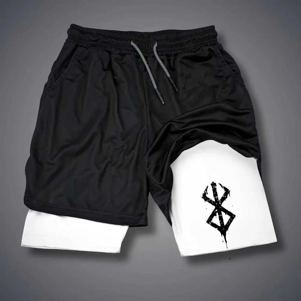 Berserk Anime Printed Double Exercise Shorts Mens Gym Running Quick Drying Outdoor Training Summer 2-in-1 Shorts M260318