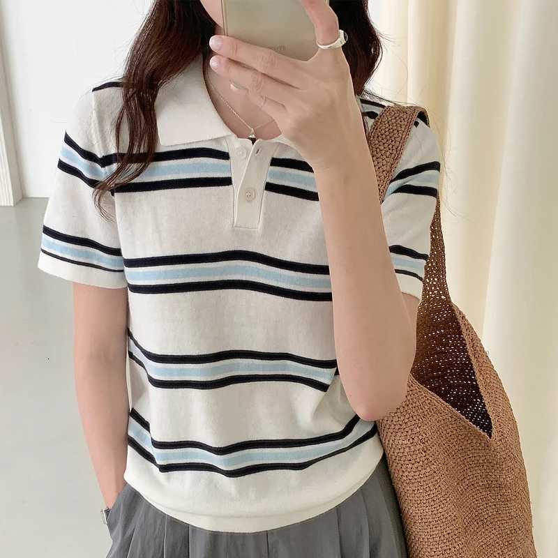 Summer New Womens POLO Neck T-shirt 100 Cotton Knit Short Sleeve Pullover Color Blocking Stripe Tees Loose Fashion Ladies TopsT260317