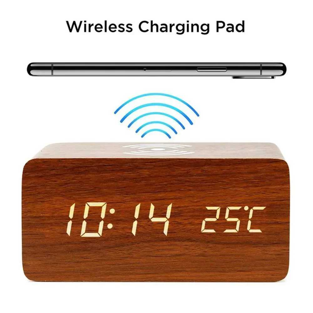 Alarm Clock LED Digital Wooden USB/AAA Powered Table Watch with Temperature Wireless Charging Electronic Desk Clocks D260318