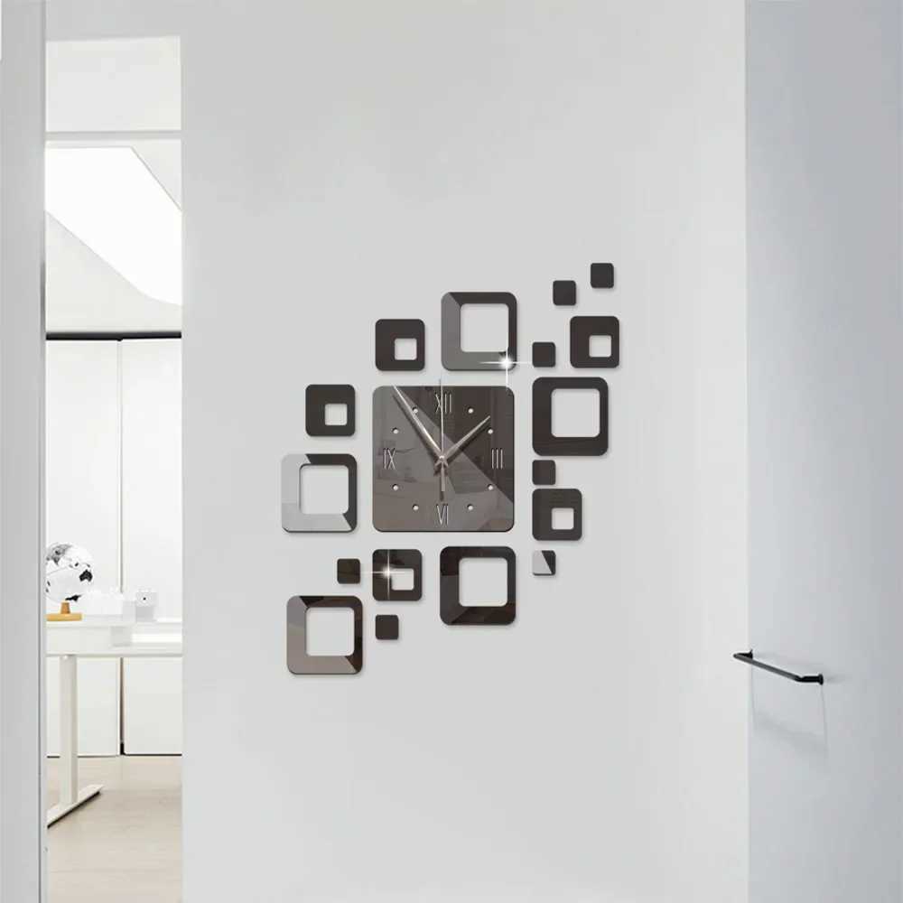 Acrylic Creative Hollow Square Mirror Wall Clock Diy Stickers Personality Mute Modern Design Home Decoration Watch D260318