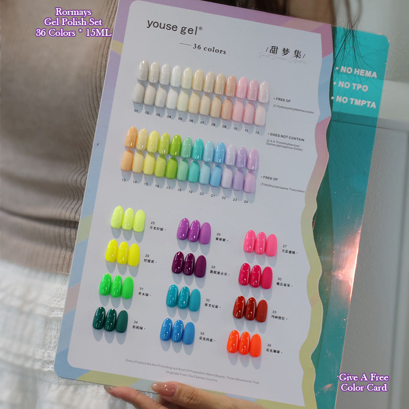 Youse Gel Sweet Dreams Collection 36 Colors Macaron Candy Fluorescent Neon Gel Nail Polish Set, Soak Off UV LED for Nail Art DIY