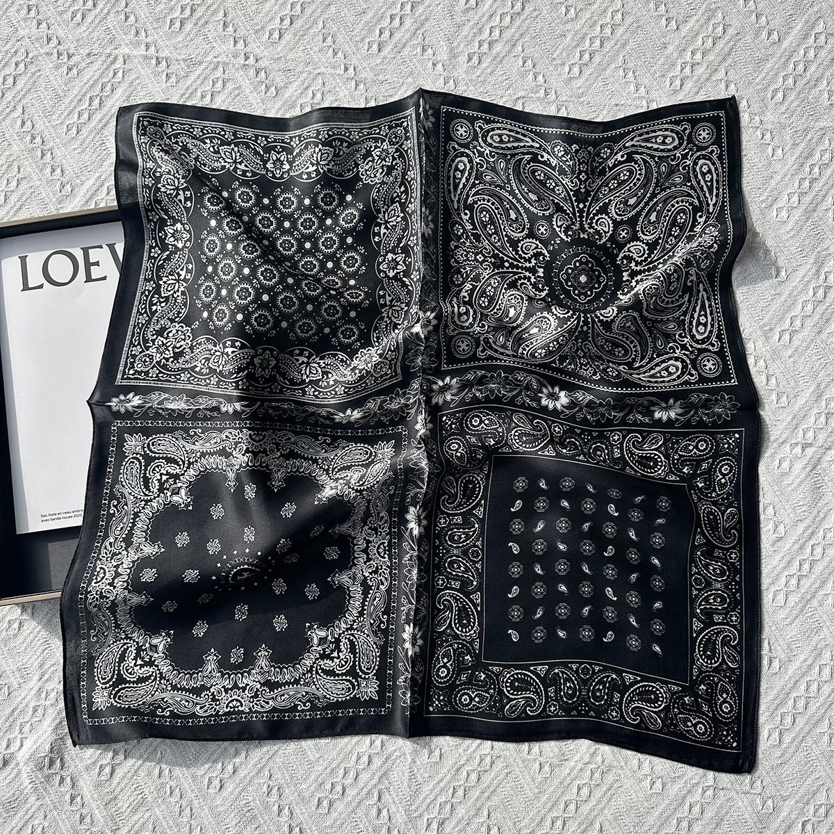 Black fashion silk scarf for women in spring. New style silk square scarf for neck protection and small headband.