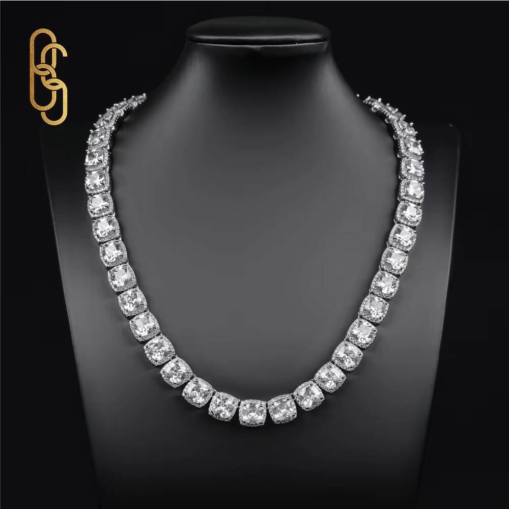 Moissanite CZ Tennis Chain Hip Hop Style Round Brilliant Cut Diamond Vvs Gold Plated 925 Silver Plated Necklace