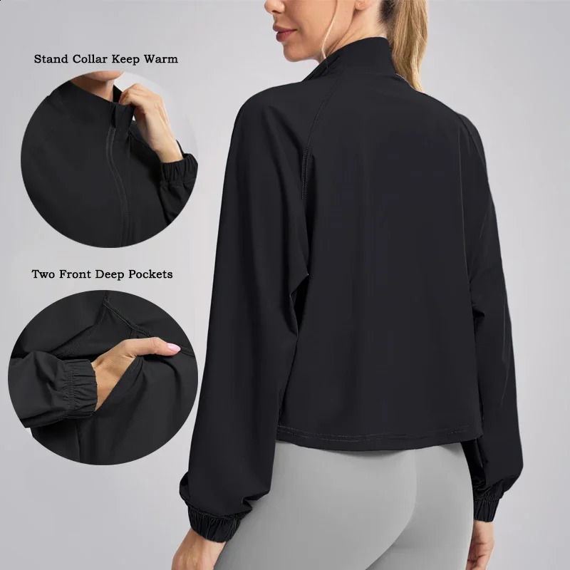 Womens Athletic Workout Running Track Full Zip Cropped Jackets UPF 50 Sun Protection Long Sleeve Shirts Yoga Gym Top 260318