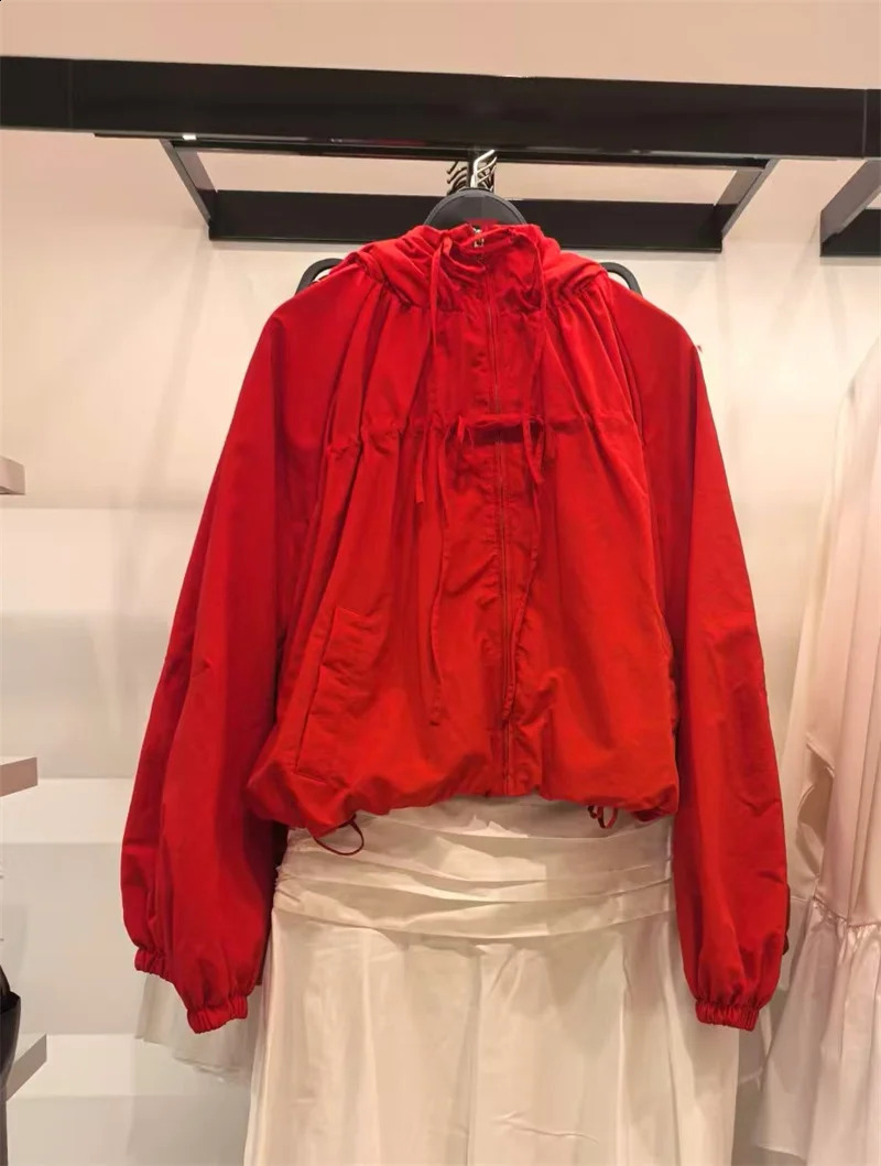 Womens Jacket 2026 Spring Red LongSleeve Drawstring Decorative Festive Hoodie Zipper Cardigan Casual Fashion Versatile 260318