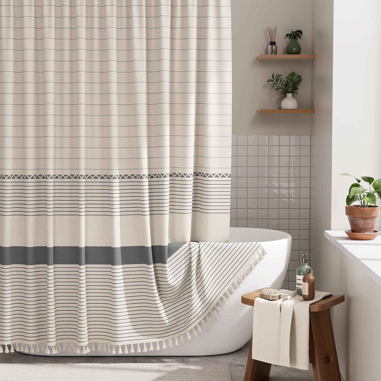 YL-38367 Printed Bamboo Striped Simple Tassel Bathroom Curtain, Waterproof and Thickened, Bathroom Partition Curtain