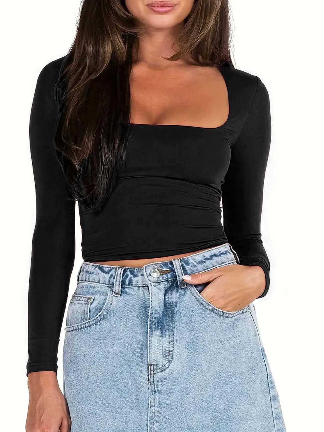 Womens Slim Fit Crop Tops Long Sleeve Square Neck Solid Color T-Shirt Dressy BlousesT260317