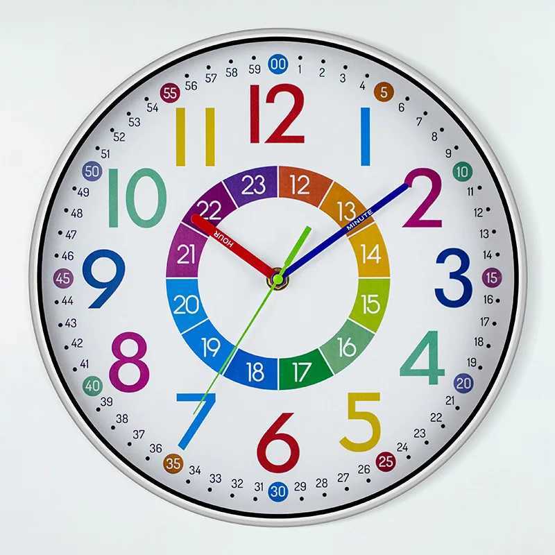 12 inch Non-Ticking Wall Clock Children Classrooms Teaching Clock Hanging Kids Room Silent Colorful Decorative Clock Home Decor D2603181