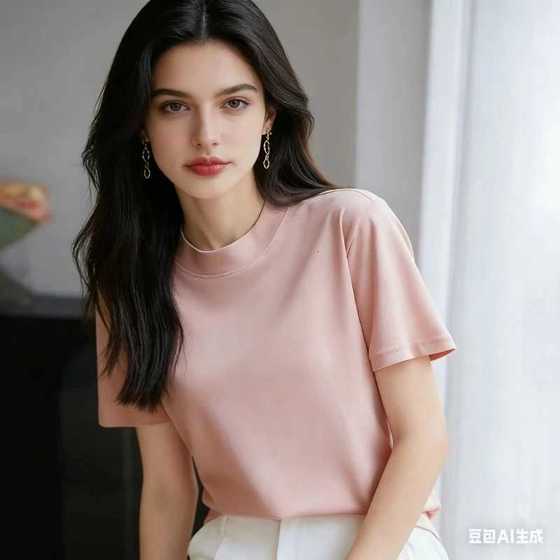 Summer New Cool Mercerized Cotton Short Sleeve T-shirt Womens Semi-High Collar 100 Cotton Loose Shoulder TopT260317