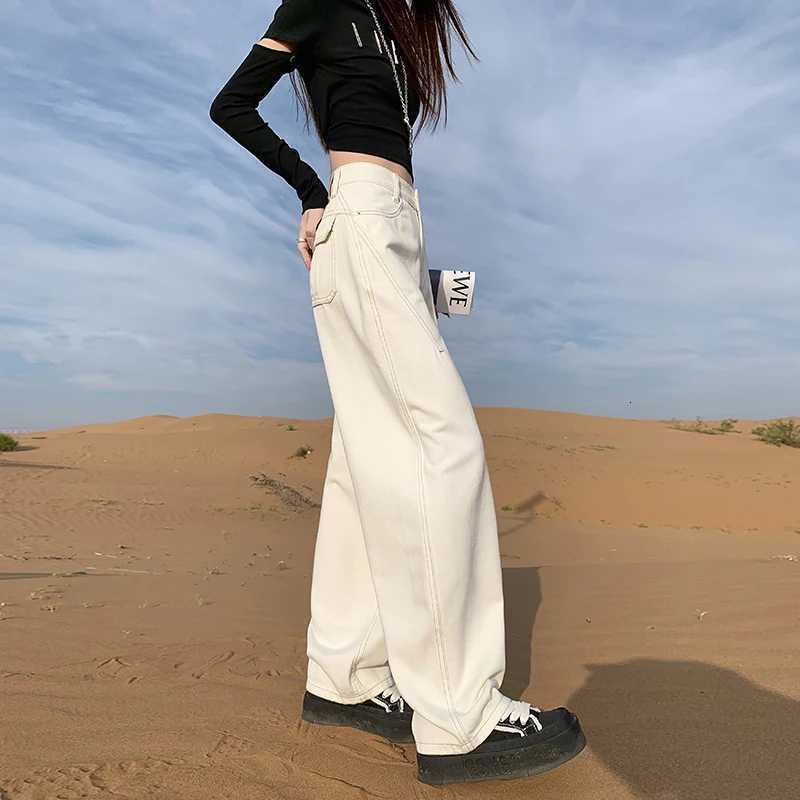 Womens Back Pocket High Waist Curved Leg Jeans Wide Leg Loose Slimming Straight Floor Length PantsT260317