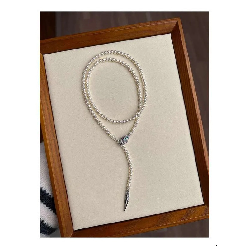 Women Gray Pearl Multi-Strand Long Sweater Chain Snake Motif Multi-Wear Statement Necklace Autumn Winter Layering