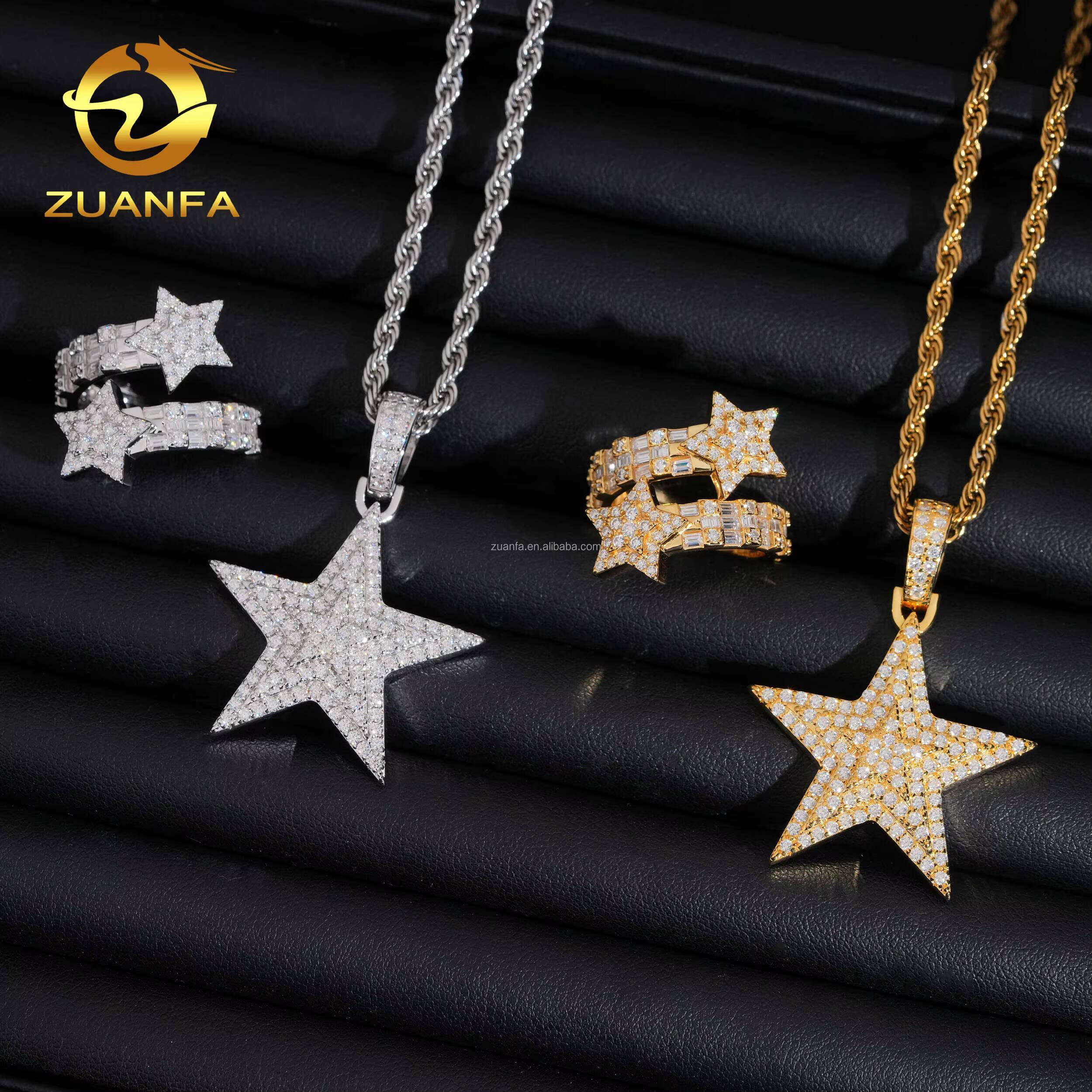 Bulk Stock Drop Shipping Elegant Jewelry Hip Hop Pendant 925 Silver Vvs Moissanite Diamond Star Pendant Star Ring Set Gift