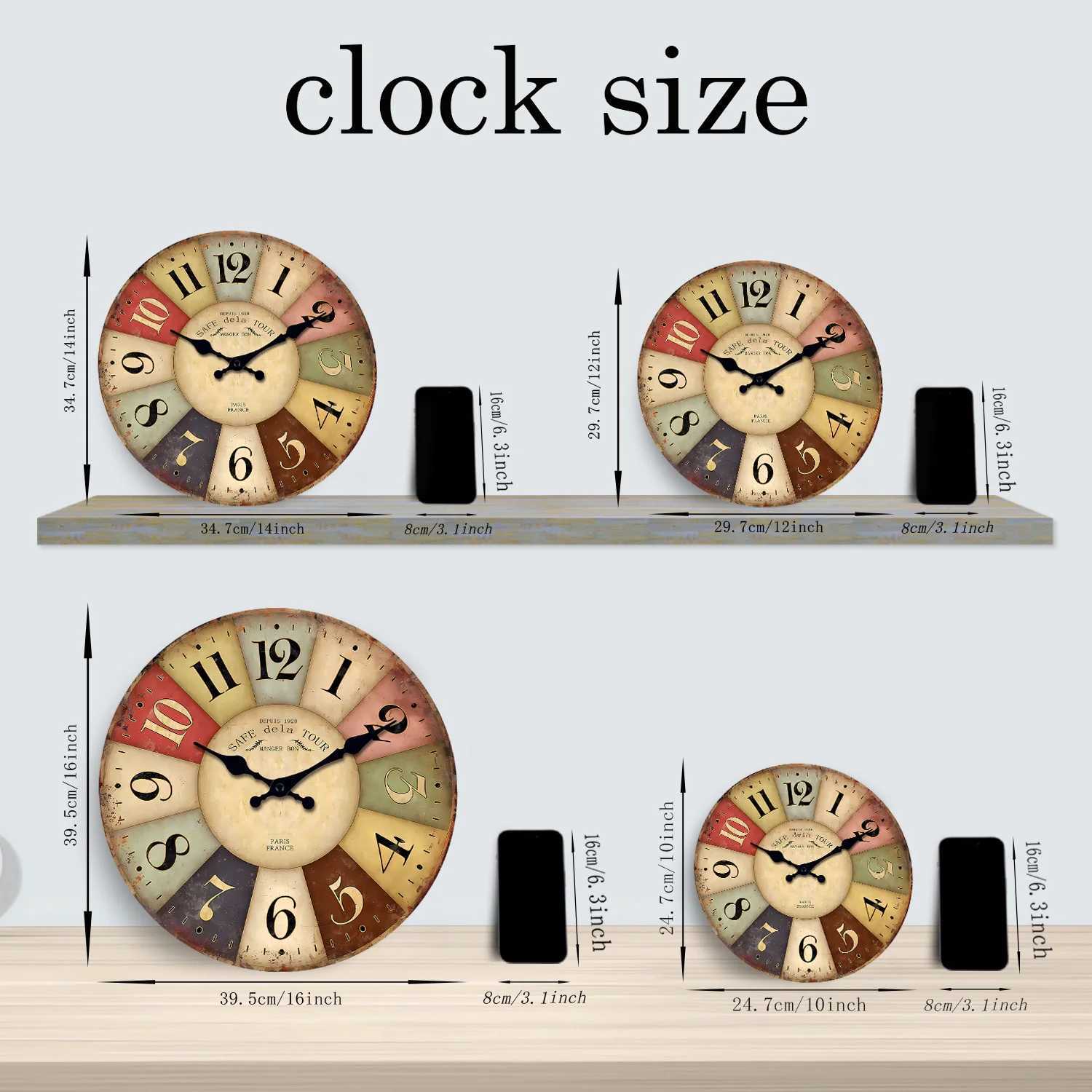 A country retro style colorful square wooden clock wall silent clock home living room kitchen decoration holiday gifts D260318