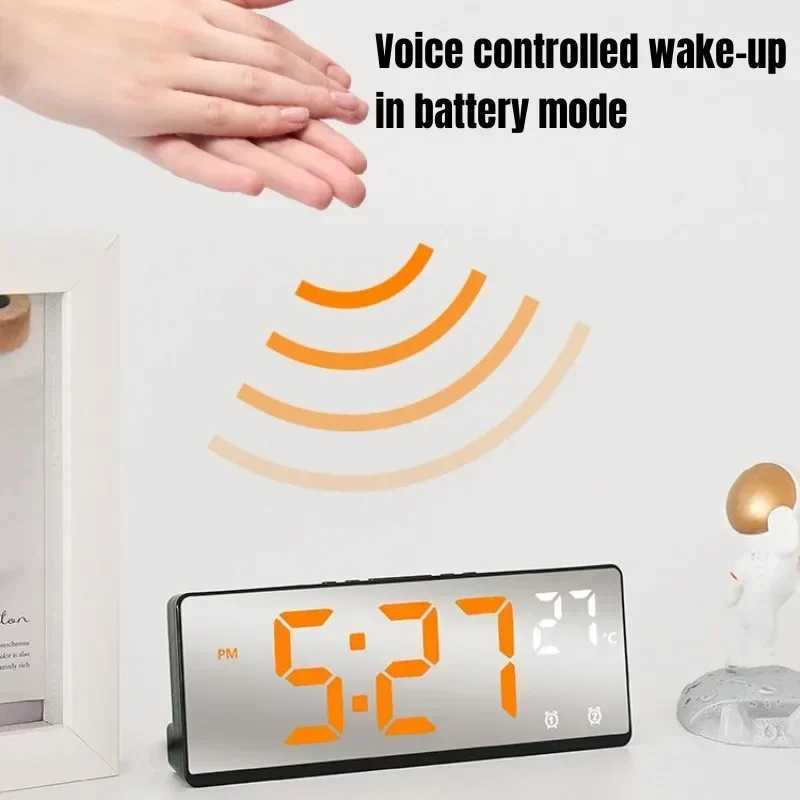 Voice Control Digital Alarm Clock Temperature Dual Alarm Snooze Desktop Table Clock Night Mode 12/24H LED Clock Watch Desk Clock D260318