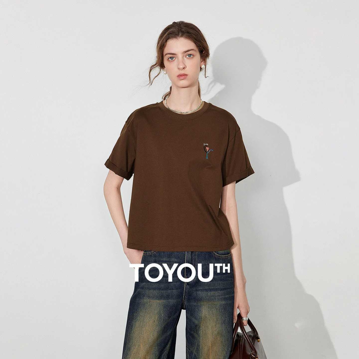 TOYOUTH Women T-shirt 2026 Summer New Embroidered by a Pure Cotton Illustrator with Short Front and Long Back TopT260317
