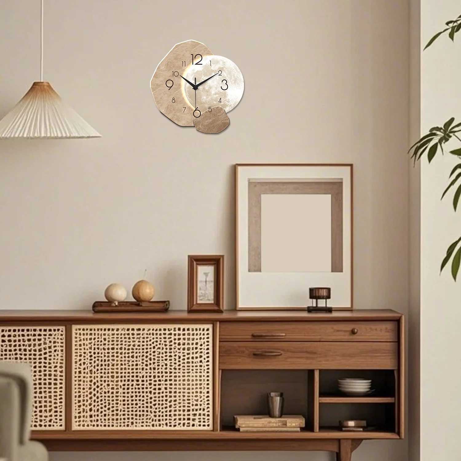 Modern Simple Silent Wall Clock Moon Design - Quartz Movement Wooden Material for Bedroom Living Room or Office Decoration D2603181