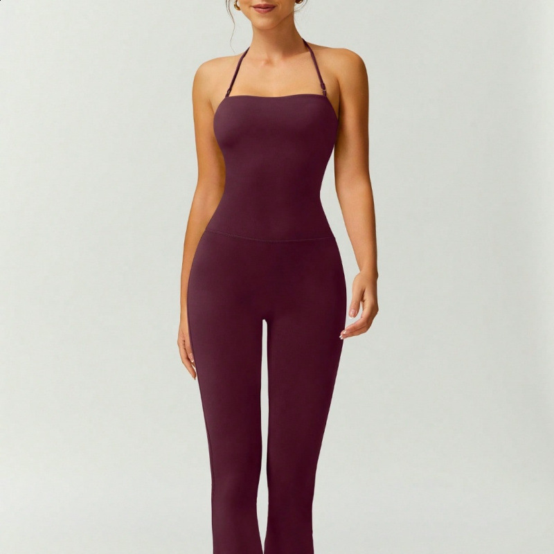 Neck Mounted Sexy Black Jumpsuits For Women Sleeveless Low Cut Elegant Outfit Slight Flared Pants Jump Suit Overall 240301